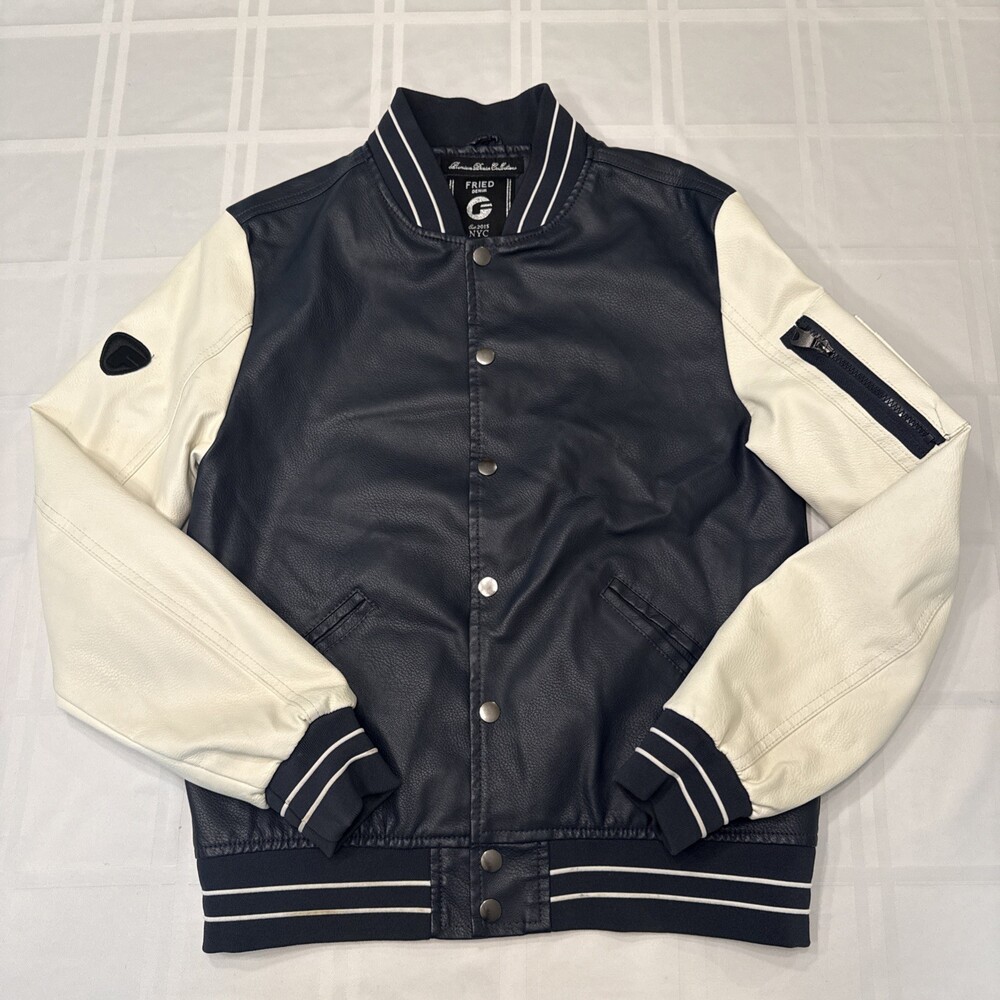 Fried Denim G NYC Navy Blue & White Faux Leather Varsity Bomber Jacket S